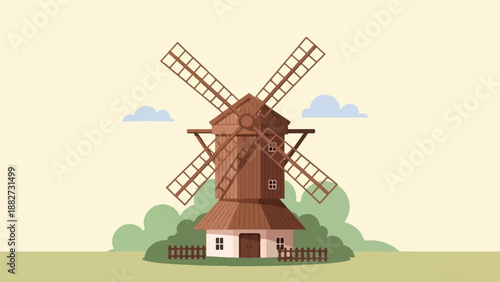 A charming, rustic windmill stands tall against a soft, pale yellow sky