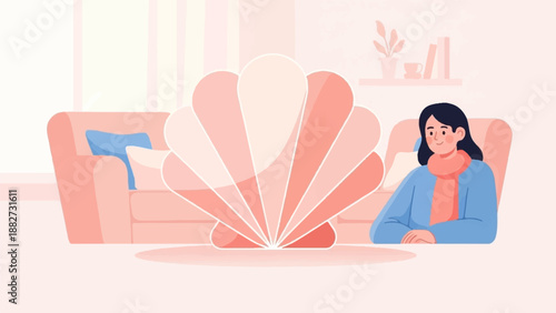 A person relaxes indoors with a large decorative shell and comfortable furniture