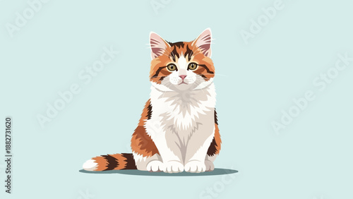 A detailed illustration of a fluffy calico cat sitting attentively