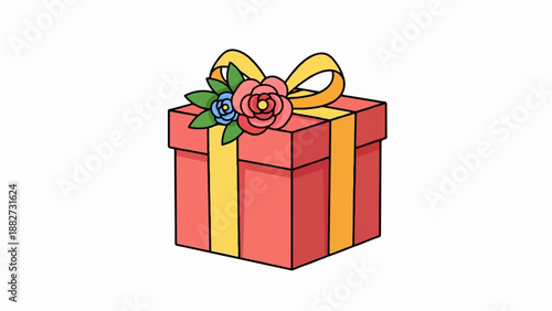 A red gift box with yellow ribbon and colorful flowers on top