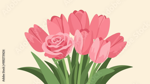 A vibrant bouquet of pink tulips and a rose with green leaves