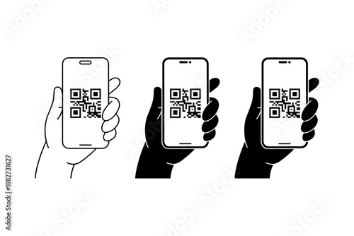 QR code scanning on smartphone device with hand holding mobile phone for contactless payment or information access modern digital technology vector illustration for business marketing presentation or