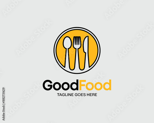 Modern food logo design concept featuring spoon fork and knife in a circle frame for restaurant cafe or food delivery service branding identity gourmet dining culinary business contemporary presentati