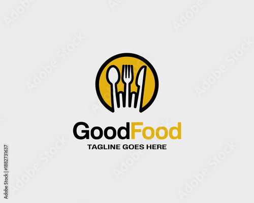 Modern good food restaurant logo design with cutlery spoon fork and knife in yellow circle frame for brand identity cafe or culinary business promotional material healthy eating concept vector illustr