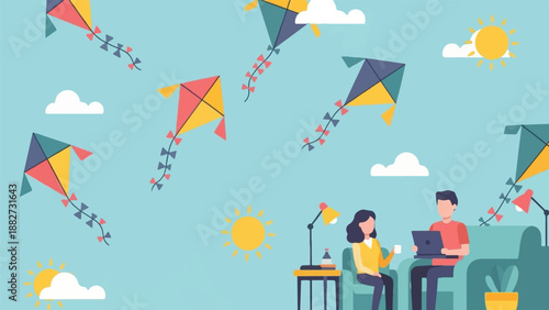 A couple relaxes on a sofa while kites fly in a sunny sky with clouds