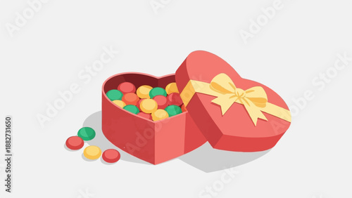 A red heart-shaped box filled with colorful candies, a yellow bow attached