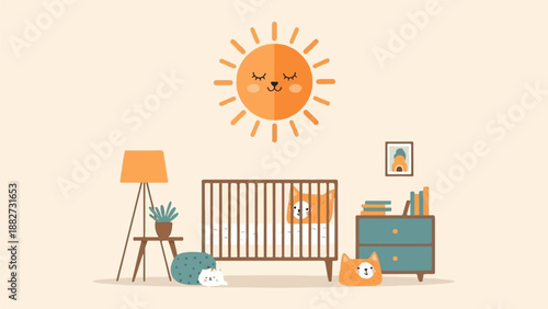 A charming nursery scene with a sleeping sun, crib, and sleepy pets