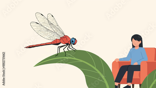 A person relaxes on a chair while a dragonfly perches on a leaf