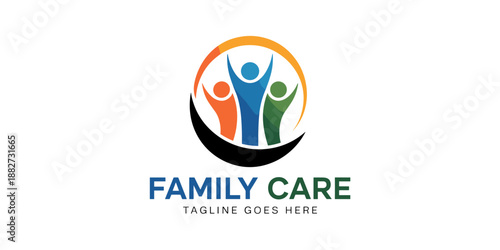 Abstract family care logo design vector concept with happy colorful people in circle for healthcare and social services organization charity foundation adoption agency or community support programs mo