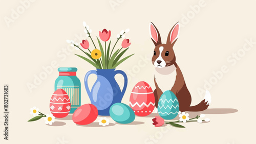 A charming illustration of Easter decorations with a rabbit, decorated eggs, and flowers