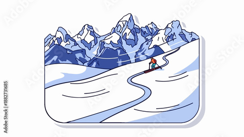 A solitary skier navigates a winding snowy slope beneath majestic, snow-capped mountains