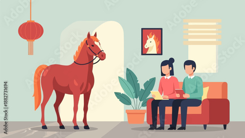 A red horse stands in a room with a couple on a couch, lantern, and plant
