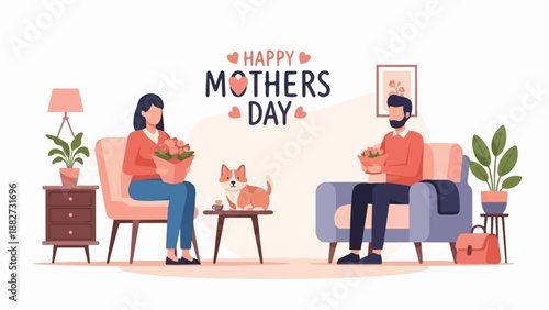 A man and woman celebrating Mother's Day with flowers and a dog