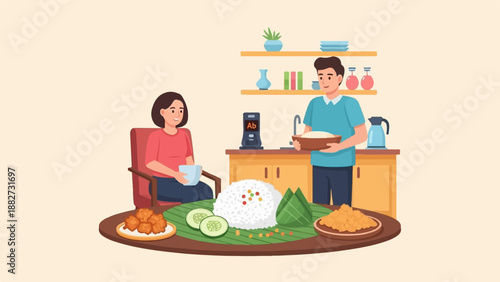 A man and woman enjoy a meal of rice, fried snacks, and cucumber slices