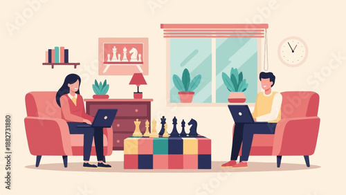 A man and woman play chess on laptops in a cozy living room