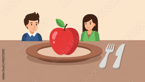 A man and woman look at a red apple on a plate with cutlery