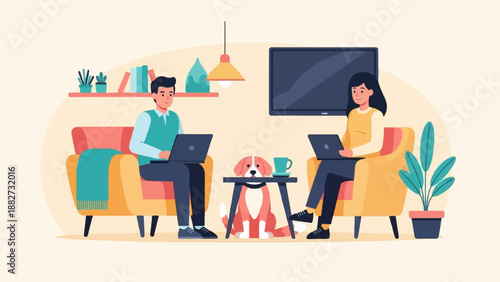 A man and woman work on laptops in a cozy room with a dog