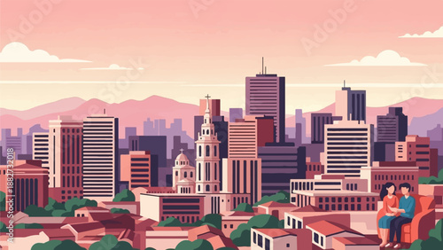 A couple sits on a sofa overlooking a city skyline at sunset