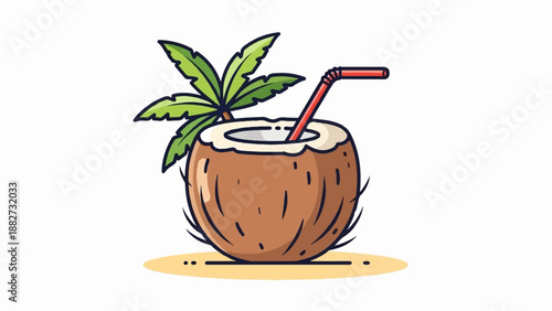 A refreshing tropical coconut drink with a straw and palm leaf on sand