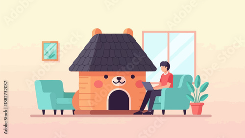 A person sits on a couch using a laptop next to a dog house