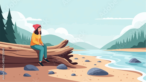 A person sits on a driftwood log by a calm lake, surrounded by mountains