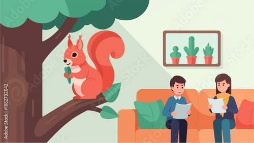 A squirrel on a tree branch near people relaxing on a couch