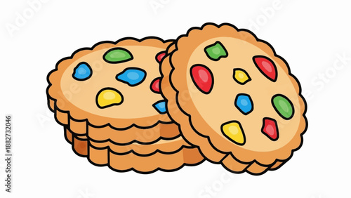 A stack of cartoon cookies with colorful candy pieces