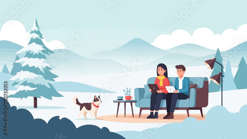 A couple sits on a sofa with a dog nearby in a snowy landscape