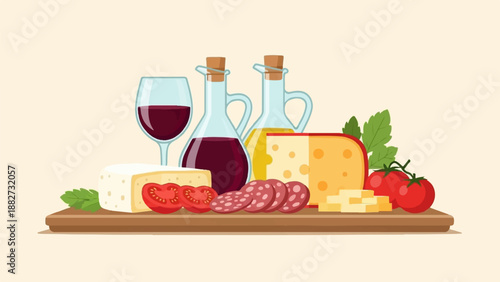 A refreshing assortment of cheese, salami, wine, tomatoes, and olive oil on a platter