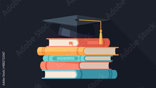 A stack of colorful books topped with a graduation cap