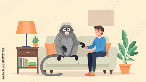 A person sits on a sofa with a large monkey in a room