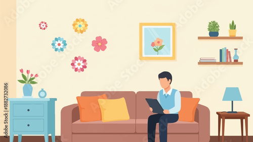 A person sits on a sofa in a brightly decorated living room