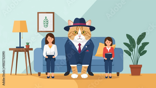 A cat in a suit and hat sits on a sofa with two women
