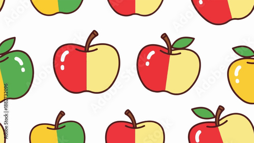 A repeating pattern of hand-drawn apples, colored red, yellow, and green