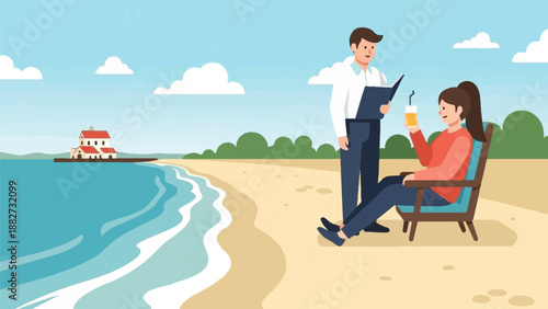 A man discusses a document with a woman enjoying a drink on the beach