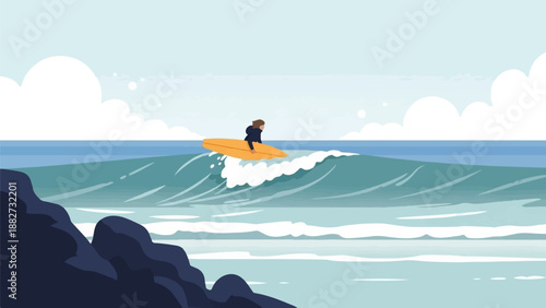 A person surfs an orange board on a turquoise wave under a cloudy sky