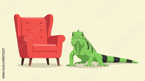 A green iguana sits next to a red upholstered armchair