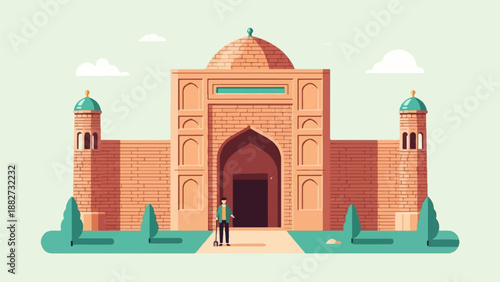 A person stands before an ornate, sunlit brick building with domed towers