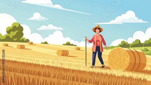 A person stands in a harvested field with hay bales under a bright, cloudy sky