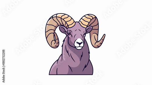 A cartoonish depiction of a ram's head with large, curled horns