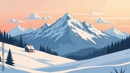 A cozy cabin nestled in a snowy mountain landscape at sunset