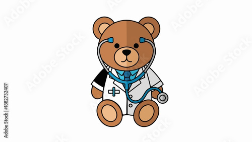 A cartoon teddy bear dressed as a doctor with a stethoscope