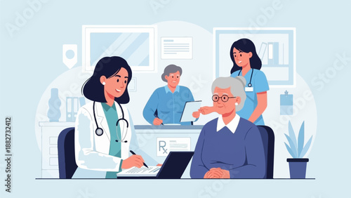 A doctor and nurse consult with an elderly patient in a clinic setting