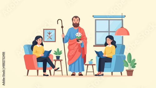 A man in robes holds a plant and staff between two women reading in chairs
