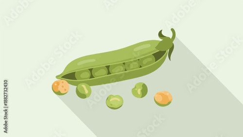 A green pea pod is open, revealing peas inside and on the surface