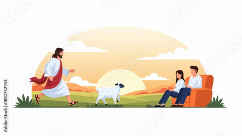 A man in white runs towards a sheep in a field with a couple watching