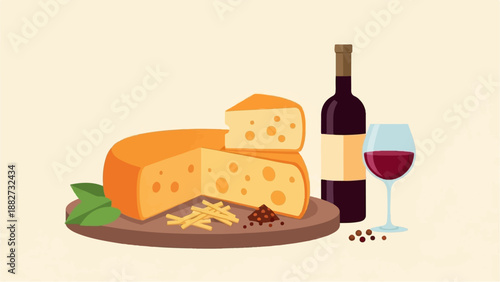 A still life of cheese, wine, and spices on a light background