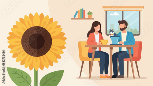 A cozy domestic scene featuring a giant sunflower and a couple with a cat