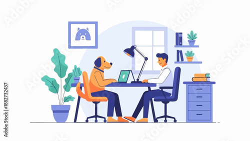 A dog and a person work together on laptops in a cozy home office