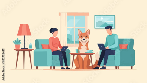 A cozy domestic scene with a dog and two people working on laptops